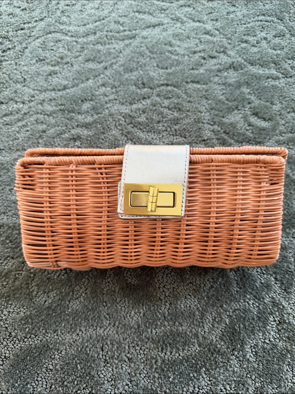 J. Crew Woven Peach-Tan Straw Clutch with Cream Flap and Gold Turn-Lock